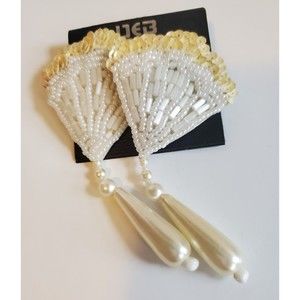 Deb Art Deco Style Beaded Fan Earrings Sequins White Wedding Pierced Dangle